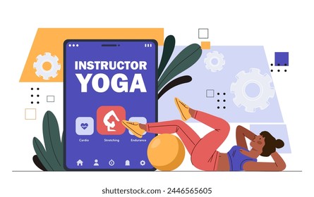 Yoga instructor concept. Woman practice with fitball indoors. Active lifestyle and fitness, workout. Young girl stretching, training. Cartoon flat vector illustration isolated on white background