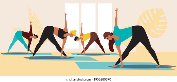 Yoga instructor and group exercises. Flat vector stock illustration. Group of women as a yoga class. Group of people. Instructor shows an asanas. Sports in a yoga studio. Vector graphics