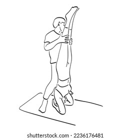 Yoga instructor guiding student perform head stand pose or Sirsasana illustration vector hand drawn isolated on white background line art.