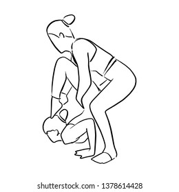yoga instructor helping her fitness student vector illustration with black lines isolated on white background.
