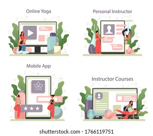 Yoga Instructor Online Service Or Platform Set. Asana Or Exercise For Men And Women. Physical And Mental Health. Online Yoga, Instructor Course, Personal Instructor Mobile App. Vector Illustration