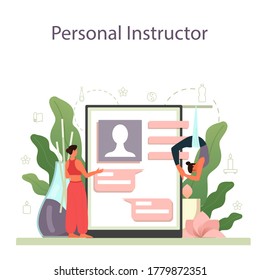 Yoga instructor online service or platform. Asana or exercise for men and women. Physical and mental health. Personal instructor mobile app. Isolated vector illustration