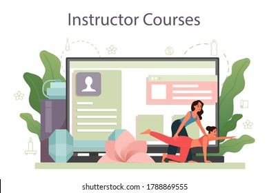 Yoga Instructor Online Service Or Platform. Asana Or Exercise For Men And Women. Physical And Mental Health. Body Relaxation And Meditation Outside. Instructor Course. Isolated Vector Illustration