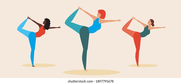 Yoga instructor, people isolated. Flat vector stock illustration. Exercises in yoga class. The instructor shows asanas. Concept of studio, exercises together, instructor. Beautiful women