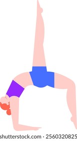 Yoga instructor performing Urdhva Dhanurasana pose, promoting physical and mental wellness through exercise and flexibility on a minimalist white backdrop