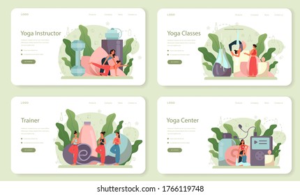 Yoga Instructor Web Banner Or Landing Page Set. Asana Or Exercise For Men And Women. Physical And Mental Health. Body Relaxation And Meditation Outside. Isolated Vector Illustration