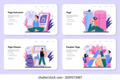 Yoga instructor web banner or landing page set. Asana or exercise for men and women. Physical and mental health. Body relaxation and meditation outside. Isolated vector illustration