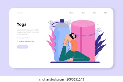 Yoga instructor web banner or landing page. Asana or exercise for men and women. Physical and mental health. Body relaxation and meditation outside. Isolated vector illustration