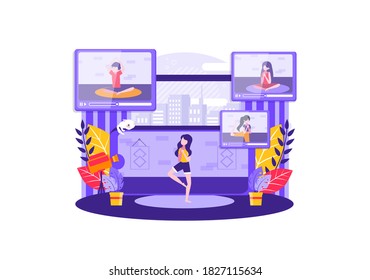 yoga instructor who teaches yoga through videos so that it can be done from home. Vector illustration