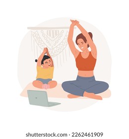 Dibujo vectorial aislado de yoga. Mamá feliz con un niño pequeño practicando yoga en línea, gente con estilo de vida activo durante la cuarentena, actividad física en dibujos animados de vectores de casa.