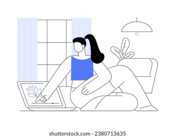 Yoga isolated cartoon vector illustrations. Sporty girl has yoga training and watching exercises using laptop, slim body, stretching training at home, workout activity vector cartoon.