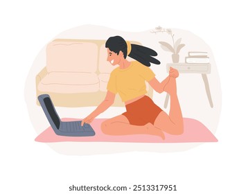 Yoga aislado Ilustraciones vectoriales de dibujos animados. Chica deportiva tiene entrenamiento de yoga y ejercicios de observación con computadora portátil, cuerpo delgado, entrenamiento de estiramiento en casa, actividad de entrenamiento Vector de dibujos animados.
