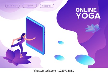 Yoga isometric concept or website template, 3d women doing physical exercises and watching online classes via smartphone or laptop, mobile app background, illustration of meditating in different pose