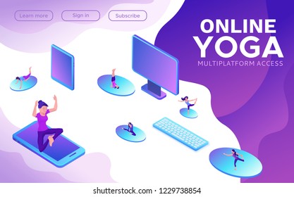 Yoga isometric concept or website template, 3d women doing physical exercises and watching online classes via smartphone or laptop, mobile app background, illustration of meditating in different pose