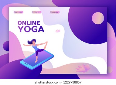 Yoga isometric concept or website template, 3d women doing physical exercises and watching online classes via smartphone or laptop, mobile app background, illustration of meditating in different pose