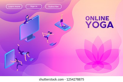 Yoga isometric concept or website template, 3d women doing physical exercises and watching online classes via smartphone or laptop, mobile app background, illustration of meditating in different pose