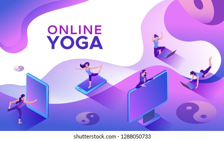 Yoga isometric concept or website template, 3d women doing physical exercises and watching online classes via smartphone or laptop, mobile app background, illustration of meditating in different pose