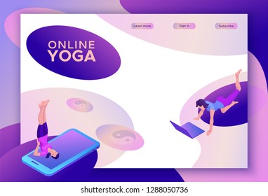 Yoga isometric concept or website template, 3d women doing physical exercises and watching online classes via smartphone or laptop, mobile app background, illustration of meditating in different pose