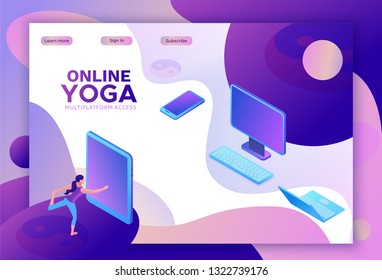 Yoga isometric concept or website template, 3d women doing physical exercises and watching online classes via smartphone or laptop, mobile app background, illustration of meditating in different pose
