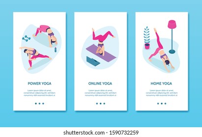 Yoga isometric vertical banners illustrated power exercises online training and home practice isolated vector illustration