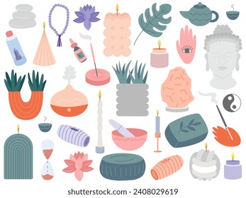 Yoga items flat style vector set. Flat yoga elements, candles, buddha statue, lotus flower and aroma sticks set