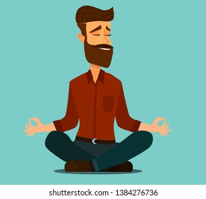 Yoga at job. Businessman relaxing in lotus position on table with computer at the desk. Cartoon style man meditation in office.