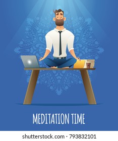 Yoga at job. Businessman relaxing in lotus position on table with computer at the desk. Cartoon style man meditation in office.