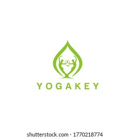 Yoga key design modern logo vector, green leaf symbol, people illustration.