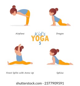 Yoga kid set. Gymnastics or exercise for children and healthy lifestyle. Cartoon kids in different yoga poses. Child character in flat design.  Vector and illustration.