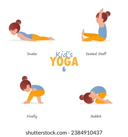Yoga kid set. Gymnastics or exercise for children and healthy lifestyle. Cartoon kids in different yoga poses. Child character in flat design.  Vector and illustration.
