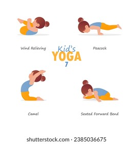 Yoga kid set. Gymnastics or exercise for children and healthy lifestyle. Cartoon kids in different yoga poses. Child character in flat design.  Vector and illustration.