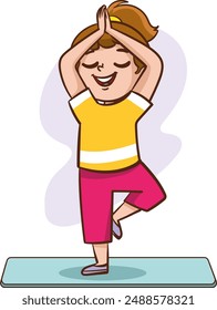 Personajes de yoga para niños. Fitness sport niños pose y gimnasia yoga ejercicios Ilustraciones vectoriales