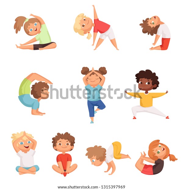 ヨガキッズのキャラクター 体操用のヨガの練習用ベクターイラスト 体育用スポーツの子ども のベクター画像素材 ロイヤリティフリー
