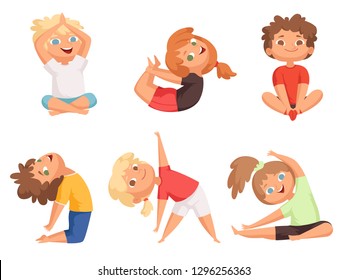 Yoga Kids. Children Making Different Yoga Exercises Young Gymnastics Vector Characters