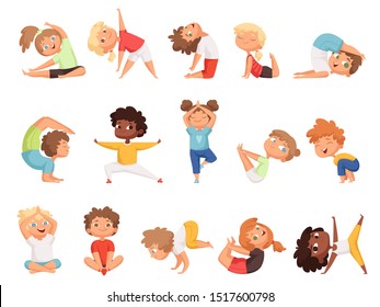 Yoga kids. Children making exercises in different poses healthy sport vector cartoon characters