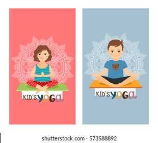 Yoga kids colorful vertical flyer design set. Vector illustration