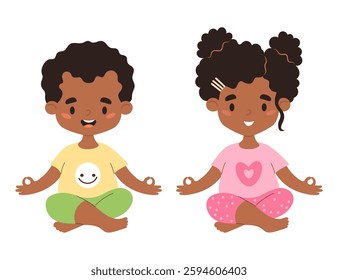 Yoga Kids. Cute afro american curly girl and boy sitting in asana and meditating in lotus pose. Isolated happy children characters on white background. Hobby, sports. Vector illustration