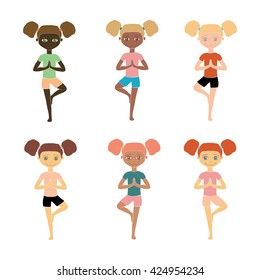 Yoga kids. cute Young girls of different nationalities standing in tree pose Vrikshasana. Holding hands in Namaste. isolated flat Vector cartoon illustration.