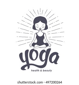 Yoga for kids logo with calm little girl. Vector illustration isolated on white background. Yoga courses.