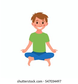 Yoga kids poses. Cute cartoon gymnastics for children and healthy lifestyle sport illustration. Vector happy kids fitness exercise and yoga asana colorful design 