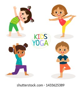 Yoga Kids Poses Vector Cartoon Illustration. Little Girls And Boys Doing Yoga Set. Gymnastics For Children And Healthy Lifestyle. Vector Illustration.