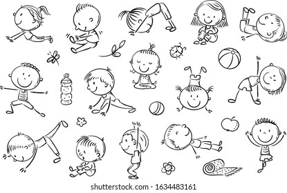 Yoga Kids Set, Outline Vector Cliparts, Doodle Drawings