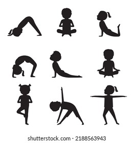  Silueta de los niños YOGA, colección de niños Vector Yoga. Juego de yoga para los niños en estilo plano. Gimnasia y estilo de vida saludable. Ilustración vectorial. Silhouette YOGA KIDS