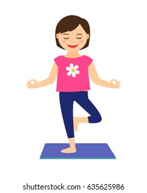 Yoga kids vector illustration. Young girl in yoga pose isolated on white background