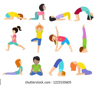 Yoga kids vector young child yogi character training sport exercise illustration healthy lifestyle set of cartoon boys and girls wellness activity of stretching meditation isolated on white background