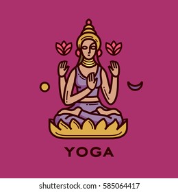 Yoga label. Yoga pose illustration, indian pattern.