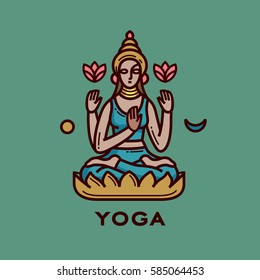 Yoga label. Yoga pose illustration, indian pattern.