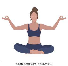 Yoga lady sitting in lotus position with hands raised.