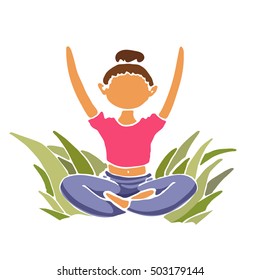 Yoga lady sitting in lotus position with hands raised.