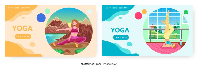 Yoga landing page design, website banner vector template set. Wellness, healthy lifestyle.